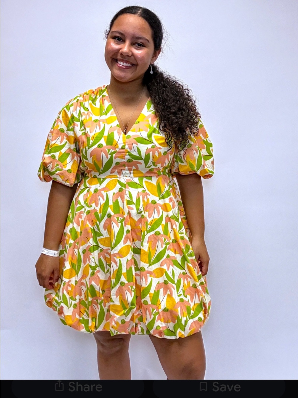 Floral Puff-Sleeve Mini Dress in Peach & Green